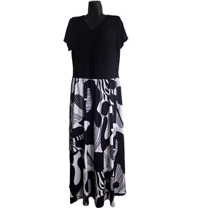 ADOR Women XXL Black White Abstract Graphic Print V-Neck Maxi Dress NWT